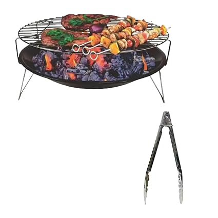 NE GRILLS Portable BBQ Grill & Tong with Dish, Food Grill & 4 Skewers | Cast Iron | Ideal for Camping, Hiking, Picnics, and Travel