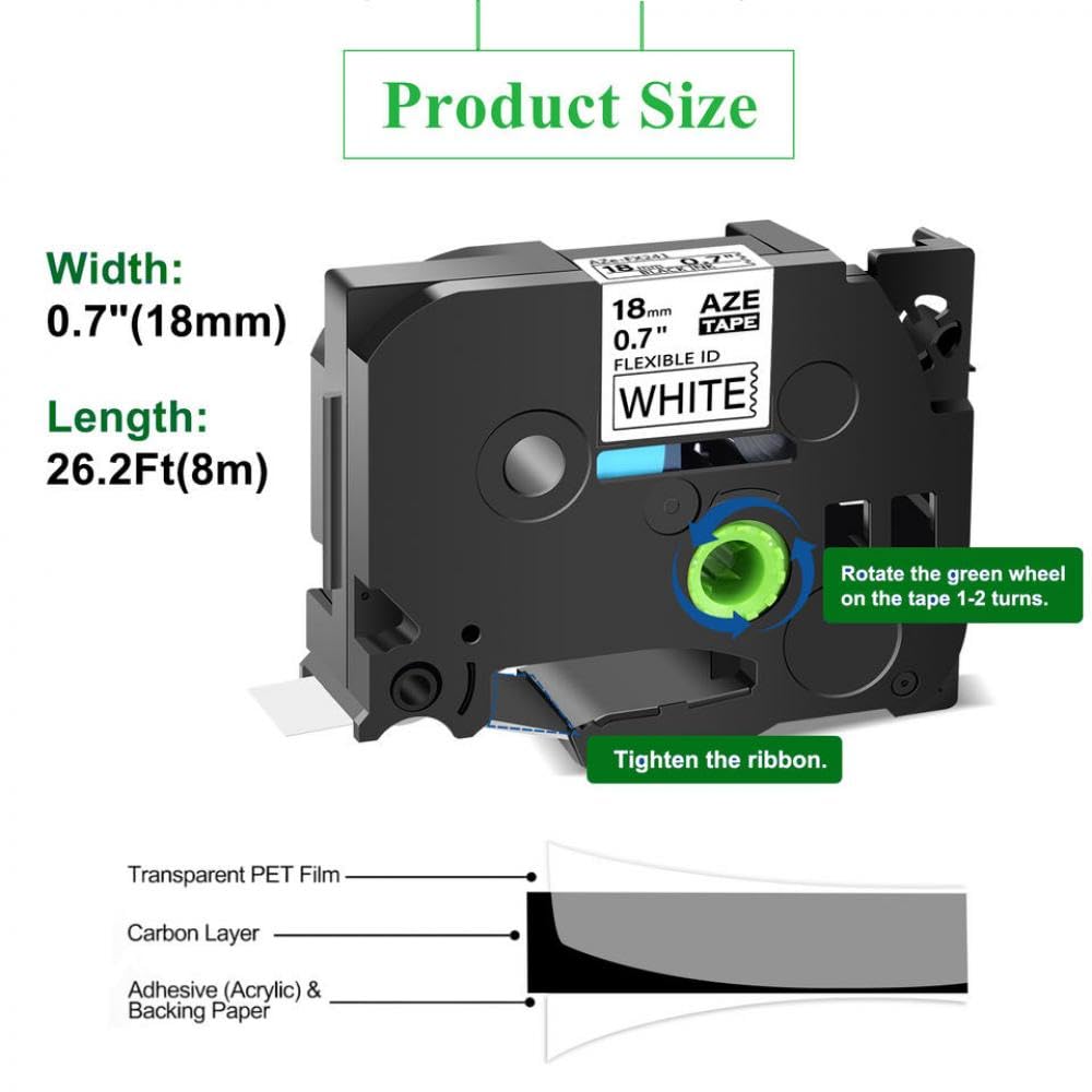 Confezione da 5 nastri per etichette flessibili neri su bianchi laminati con ID flessibile da 18 mm, compatibili con stampanti per etichette