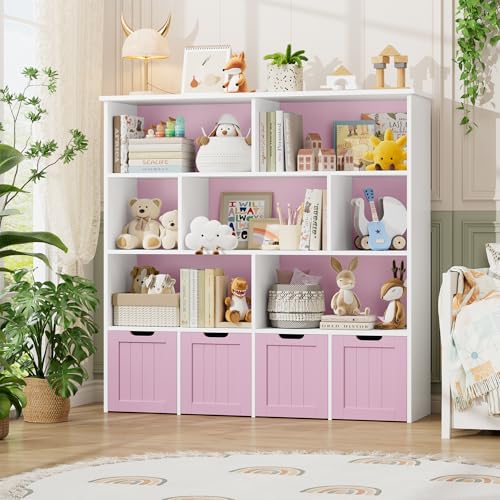 Image of FINETONES Toy Storage Organizer, Large Toy Organizers and Storage with 4 Movable Drawers and 7 Storage Cubbies, Toy Chest Shelf Organizer with Hidden Wheels, Kids Bookshelf and Toy Storage, Pink