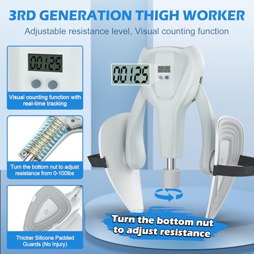 Image of 3rd Gen Thigh Master 0-100 lbs Adjustable Resistance Inner Thigh Exerciser Trainer Counter with Leg Straps Band Pelvic Floor Kegel Hip Exercise Workout Equipment Pilates Women Men (White)