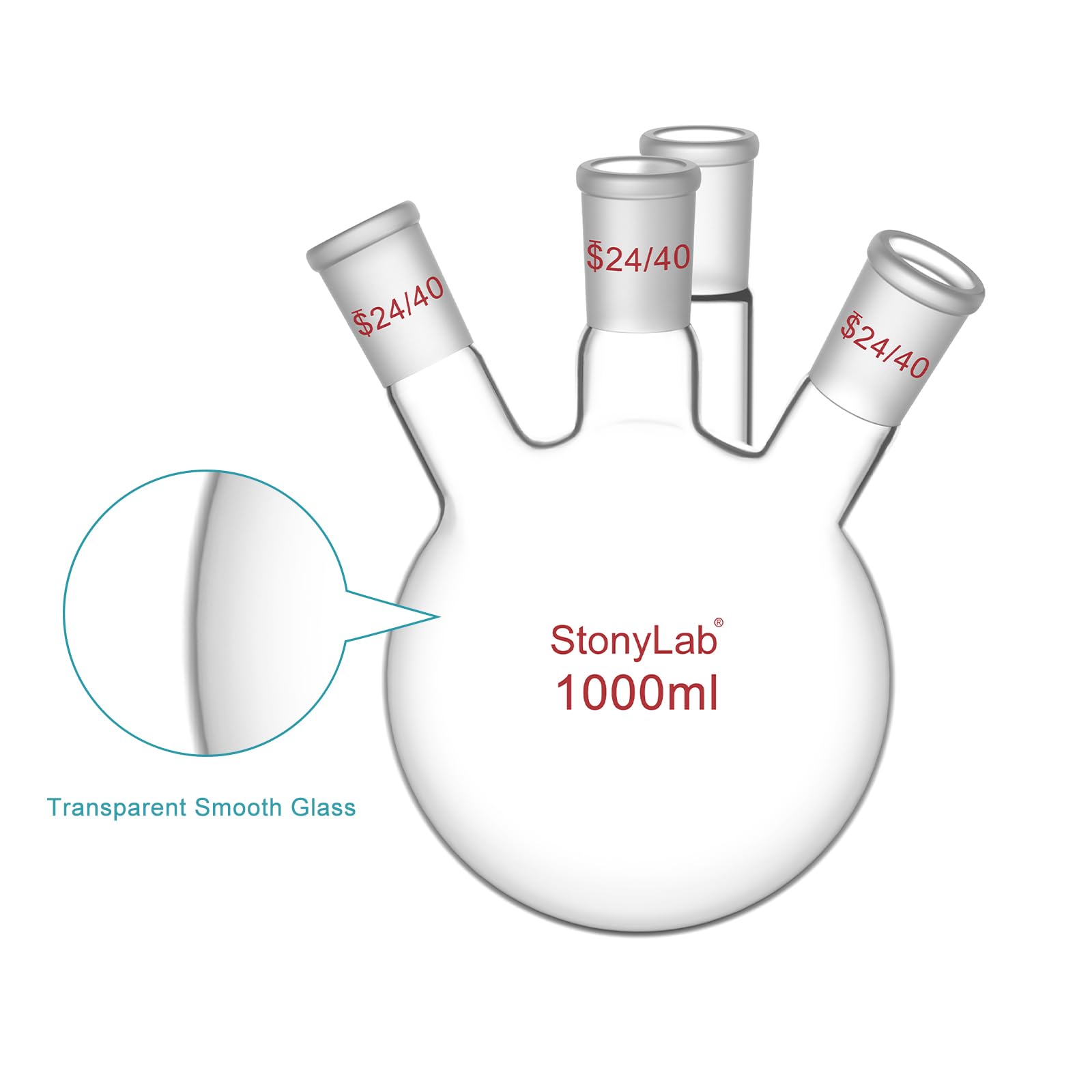 stonylab Matraz de Fondo Redondo RBF de 4 Cuello, Pared Pesada 4 Cuello Matraz de Lab Vidrio Borosilicato Matraz de Ebullición de Fondo Redondo con 24/40 Articulación Externa Cónica Estándar, 1000 ml