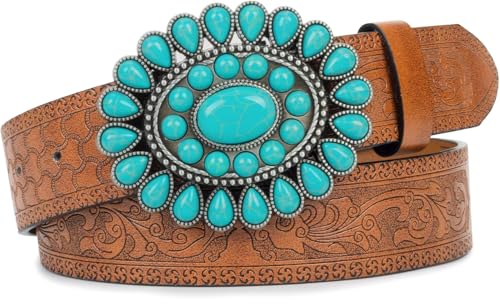 Women's Western-Turquoise-Cowboy-Belt - Vintage-Embossed-Cowgirl-Waist-Belt with Turquoise-Buckle for 28-38''waist4