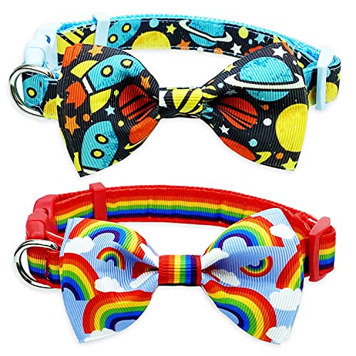 2 Pack Dog Collar with Bow Tie, Spaceship and Rainbow Collar for Small Medium Large Dogs Pets Puppies (Medium)