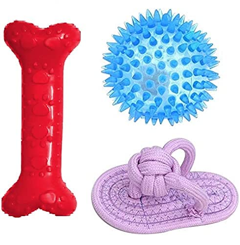 Image of Puppies Interactive chew Toy I Spiked LED Ball +Natural Red Bone+Puppy Rope Toy Slipper I Pack of 3 (Combo-B)