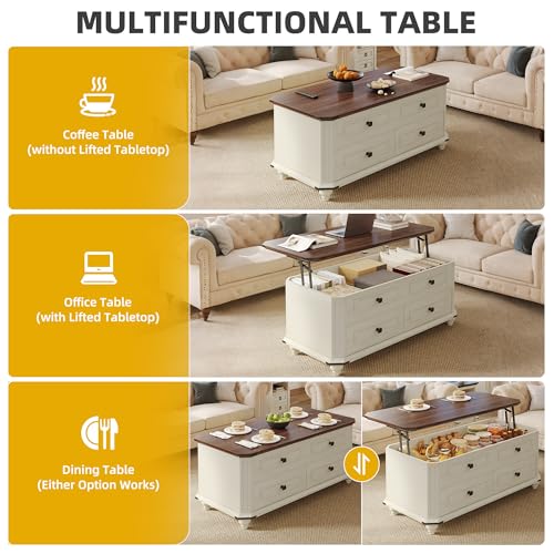 DWVO Lift Top Coffee Table with Storage, Farmhouse Wood Central Table w/Large Hidden Compartment, 2 Storage Drawers, Lift Tabletop Dining Table for Living Room, Reception Room, Rustic White