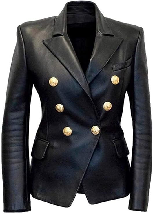 Kim Kardashian Black Double Breasted Real Leather Jacket Blazer for Womens