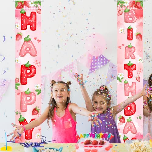 Image of Avezano Berry First Birthday Banner Strawberry Shortcake Porch Banner Strawberry Birthday Decorations for Girls Indoor Outdoor
