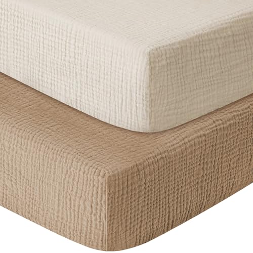 Muslin Crib Sheets for Boys Girls 100% Cotton Fitted Baby Crib Sheet 2 Pack Soft and Breathable for Standard Crib Mattress & Toddler Mattress 52x28in (Beige & Coffee)