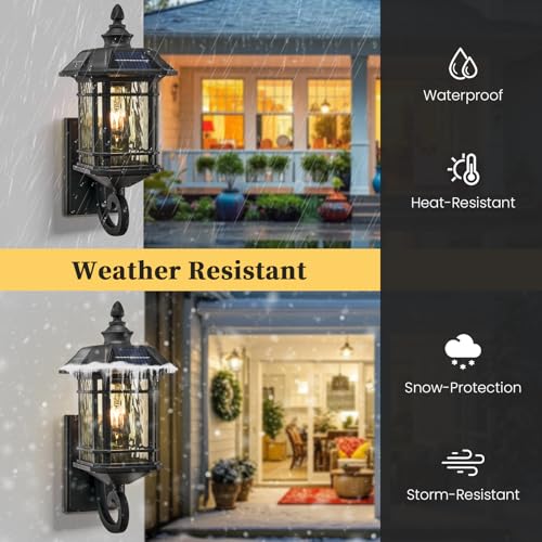 NAXTTII Outdoor Solar Wall Light Dusk to Dawn Solar Porch Light with Water Ripple Glass 20 Inch Height Large Size Outdoor Wall Sconce for Garage Porch Front Door Black Finish and Waterproof by NAXTTII - Used condition - Image 3