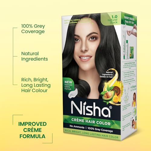 Image of Nisha Creme Hair Color Cream Natural Black 1.0, 120g, Long Lasting Hair Dye for Grey Coverage, Rich Color & Natural Shine, For Men & Women, Pack of 1
