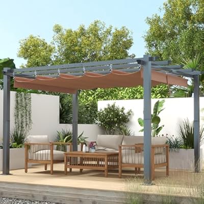 Aoxun 10'x12' Outdoor Pergola, Upgraded Canopy with Adjustable Roof, Metal Patio Pergola with Brown Shade Cover for Backyard, Garden and Deck