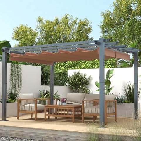 Aoxun 10'x12' Outdoor Pergola, Upgraded Canopy with Adjustable Roof, Metal Patio Pergola with Brown Shade Cover for Backyard, Garden and Deck Cover
