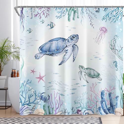 YCUCUEI Watercolor Under The Sea Shower Curtain for Bathroom Turtle Coastal Beach Underwater Coral Animal Seaweed Home Decorations Sets with 12 Hooks Waterproof Polyester 72
