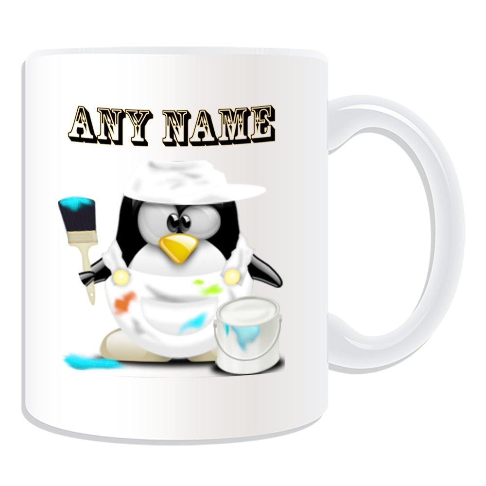 Personalised Gift - Painter Mug (Penguin in Costume Design Theme, White) - Any Name/Message on Your Unique - Decorator