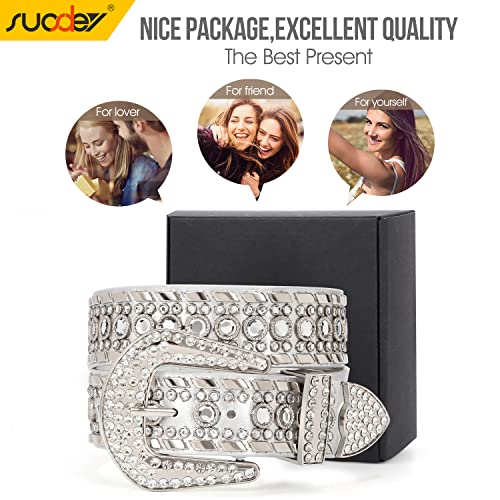 Image of Rhinestone Belt for Men Women SUOSDEY Western Cowboy Cowgirl Bling Studded Leather Belt for Jeans Pants, 06-silver, XL: fits pants size 43 inch-46 inch