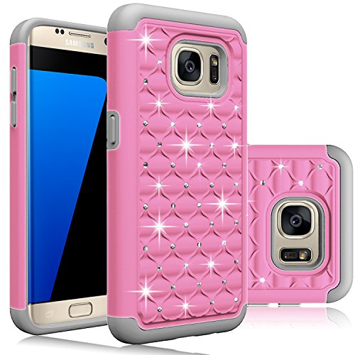 Galaxy S7 Edge Case, EC Hybrid Dual Layer Diamond Studded Bling Crystal Rhinestone Protective Case Cover for Samsung Galaxy S7 Edge (Pink+Grey)
