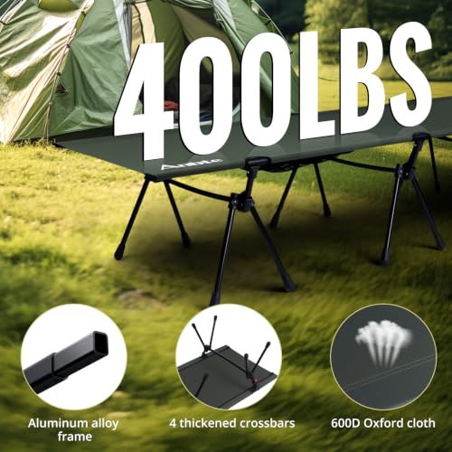 Image of Anbte Height Adjustable Camping Cot with Storage Net, Support 400lbs, Green | Comfortable Portable Cots for Adult, for Camping Hiking Travel Truck Beach Office Nap, With Storage Bag