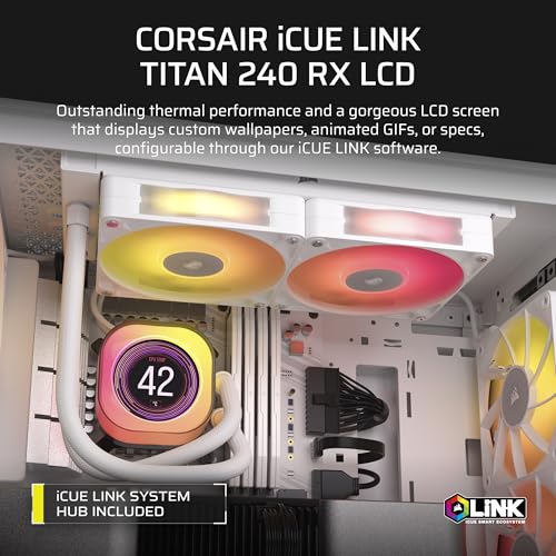 Image of CORSAIR iCUE Link Titan 240 RX LCD Liquid CPU Cooler - 240mm AIO - Low-Noise - FlowDrive Cooling Engine - Intel LGA 1851 /1700, AMD AM5 /AM4 - 2X RX120 RGB Fans - iCUE Link System Hub Included - White