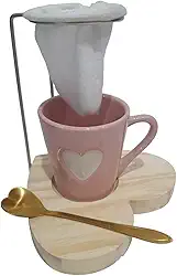 Kit Caneca Xícara Mini Coador Café Individual Reutilizável (Rosa Coração)