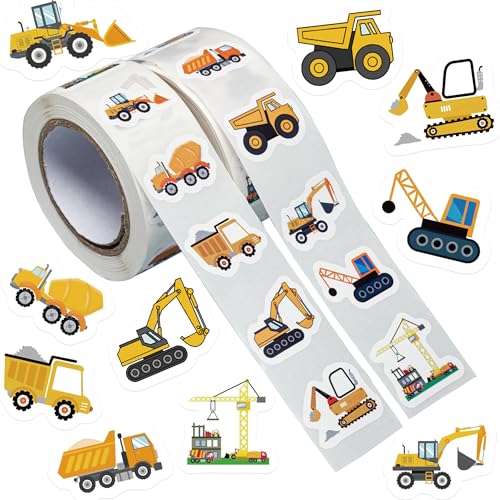 1000PCS Construction Vehicle Stickers Roll 2 Rolls 10 Styles Self-Adhesive Stickers for Kids - Waterproof for Trucks Excavators Birthday Parties & Classroom Rewards (Vehicle Theme)