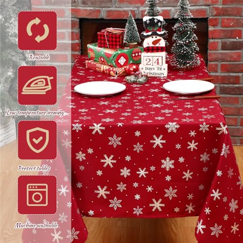 Mixweer Christmas Snowflake Tablecloth Winter Rectangle Printed Table Cover Washable Xmas Winter Table Cloths for Holiday Decorations Dinner Party Home Decor(60 x 84 Inch,Red) – Image 5