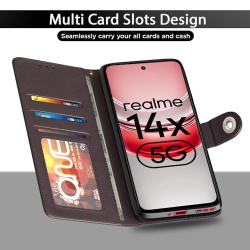 Image of Pikkme Flip Cover Leather Finish | Inside TPU with Card Pockets | Wallet Stand and Shock Proof | Complete Protection Button Flip Case for Realme Narzo 80x 5G / Realme P3x 5G / Realme 14X 5G (Coffee)