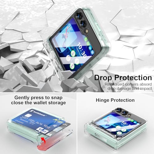 WATACHE for Samsung Galaxy Z Flip 6 Case with Hinge Protection Shockproof with Credit Card Holder ID Card Protective Cover Flip Z 6 Phone Case for Galaxy Z Flip 6 5G(Clear)