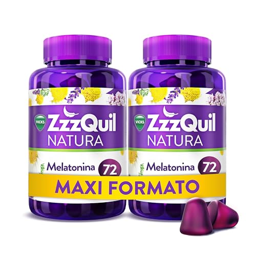 ZzzQuil Natura Gummies de Melatonina 1mg con Valeriana, Complemento Alimenticio para dormir sabor Frutos del Bosque, 2x72 Gummies
