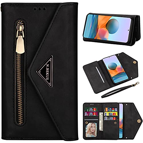 Vepbk Brieftasche Hülle für Xiaomi Redmi Note 10 4G / Xiaomi Redmi Note 10S Handyhülle Handytasche Case Hülle Leder Geldbörse mit Reißverschluss Kartenfach Umhängeband Cover Klapphülle,Schwarz Cover