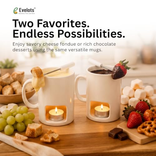 Image of Evelots 4-Pack Ceramic Fondue Cheese Mugs, 8 Forks & 16 Candles, White | Perfect for date nights, parties and Mother's Day gifts; includes 4 ceramic fondue mugs, 8 forks and 16 tealight candles.