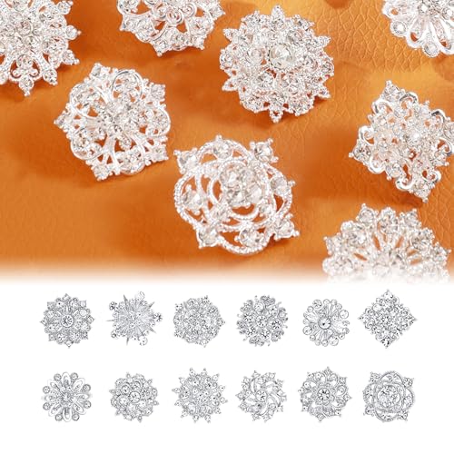 Image of 12Pcs Rhinestone Flower Brooch Pins Set Crystal Rhinestone Brooches for Women Silver Brooch Pins Decorative Pins Fashion Jewelry Pins for Women DIY Bridal Wedding Bouquet