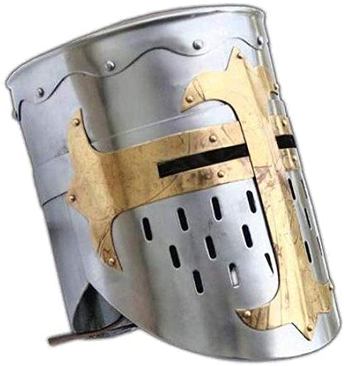 Image of AnNafi Medieval Templar Crusader Helmet Replica + Aluminium Chainmail Coif + Wooden Helmet Stand, Knight Crusades Costume Templar Reenactment Cosplay Greek Roman Spartan Armourt, Medieval Costumes