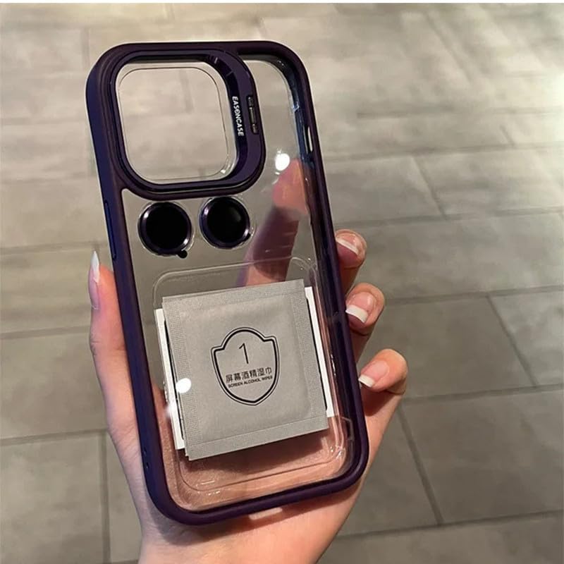 Image of Clear Case for iPhone 14 Plus | Metal Lens Protector & 180 Rotating Bracket | Shockproof Transparent Hard Back Cover with Soft TPU Frame - Purple