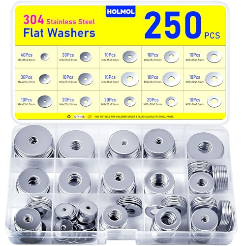 250PCS Washers for Screws, HOLMOL Stainless Steel Flat Washer Assortment with 15 Sizes M3 M4 M5 M6 M8 M10 M12, Metal Assorted Large Washer Set, Washers for Bolts