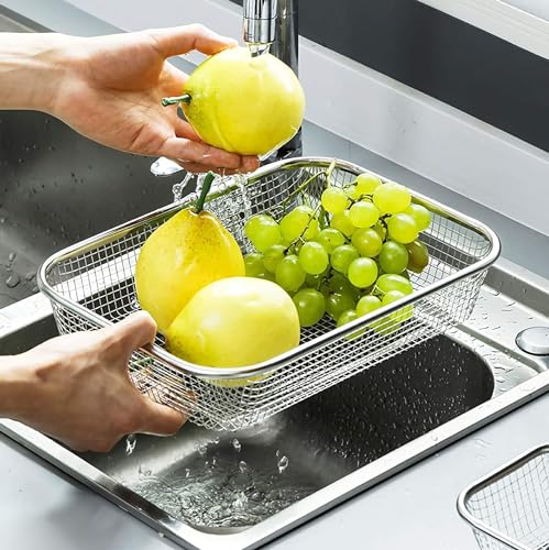 Image of Large Stainless Steel Colander Strainer, 6 Quart Mesh Vegetable Washing Basket, Rectangle Drainer Sink Basket for Vegetable Fruit Food (15 inch x 11 inch x 2.6 inch)