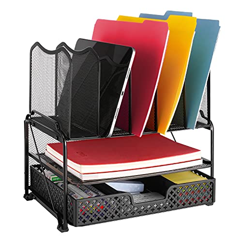 Ekisemio 2 Tier Mesh Desktop File Organizer Sorter, Computer Desk Organizer with Drawer, Black Ekisemio 2 Tier Mesh Desktop File Organizer Sorter, Computer Desk Organizer with Drawer, Black