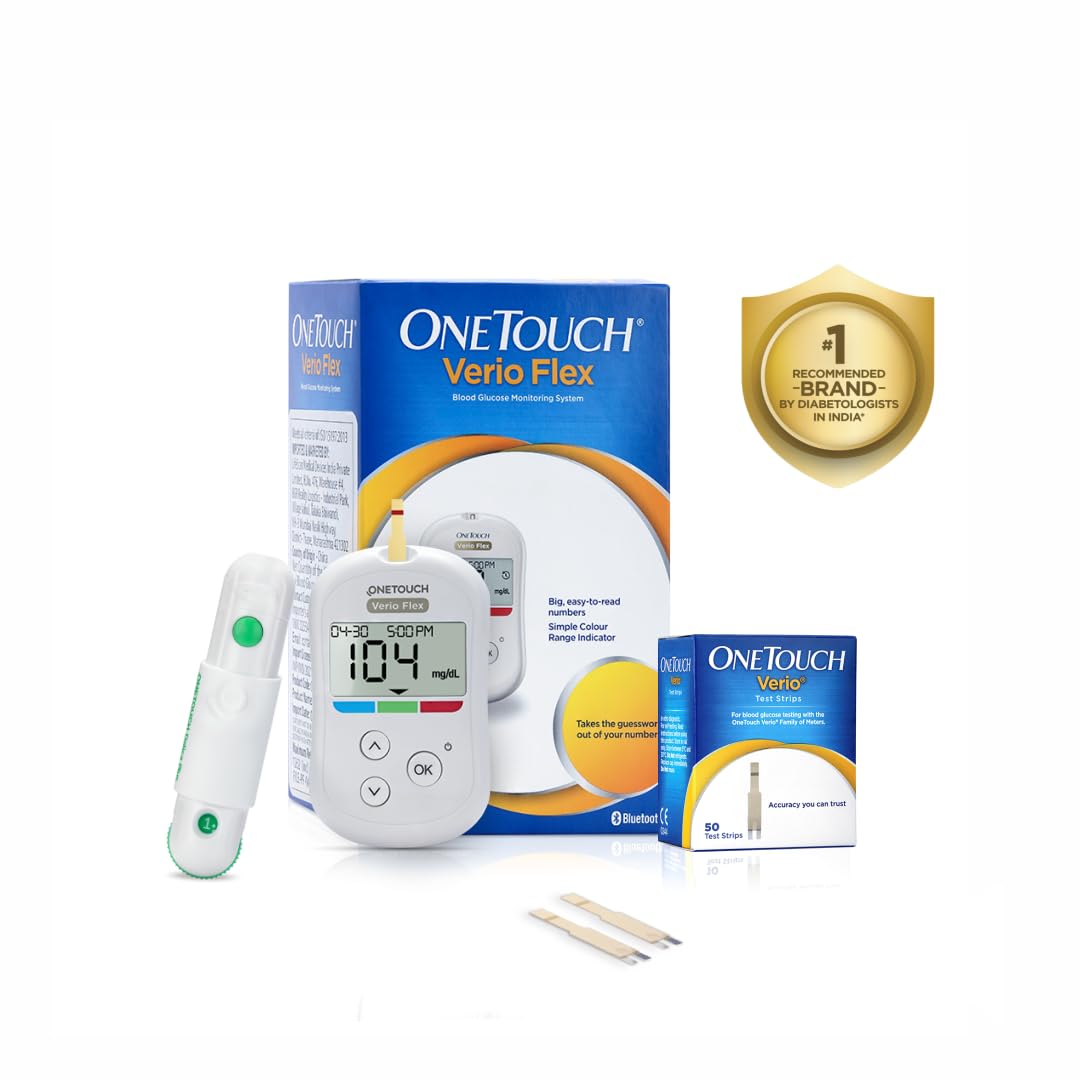 OneTouch Verio Flex glucometer with 50 Test Strips | Sync your results with OneTouch Reveal mobile app| Simple & accurate testing of blood sugar | Includes 10 Sterile Lancets + 1 Lancing device