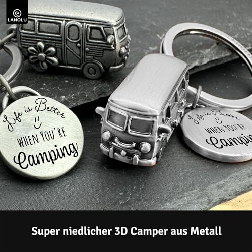 LANOLU Schlüsselanhänger Camping Glück, Wohnwagen Geschenk, Wohnmobil Geschenk für das Camping und für Camper, 3D Anhänger- Wohnwagen Zubehör aus Metall