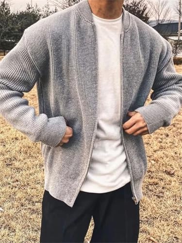 Mens Zip Up Crew Neck Knitted Cardigan Sweater Long Sleeve Slim Fit Fashion Knitwear Solid Color Outerwear for Winter4