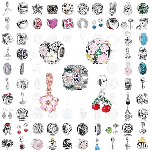 9Pcs Plated Silver Spacer Beads Charms fit Pandora Pendants Bracelet Dangle Pack Set Gold cherry blossom Love heart Flower