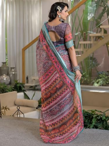 Image of Satrani Women's Linen Printed & Embroidery Ready To Wear Saree with Unstitched Blouse Piece