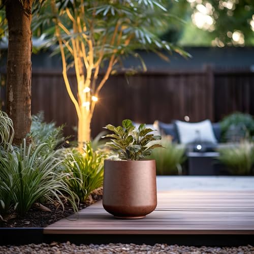 Image of Kante Accent Round Curved Rusty Concrete Planter 13 inch Dia, Outdoor | Rubber Plug for Indoor, Drainage for Garden, All-Weather Cement Flower Pot, Handcrafted, Anti-Frost & UV, Modern Home Decor