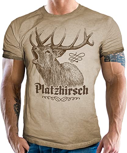 Trachten Herren T-Shirt im Vintage Retro Used Look - Für echte Bayern Fans: Platzhirsch