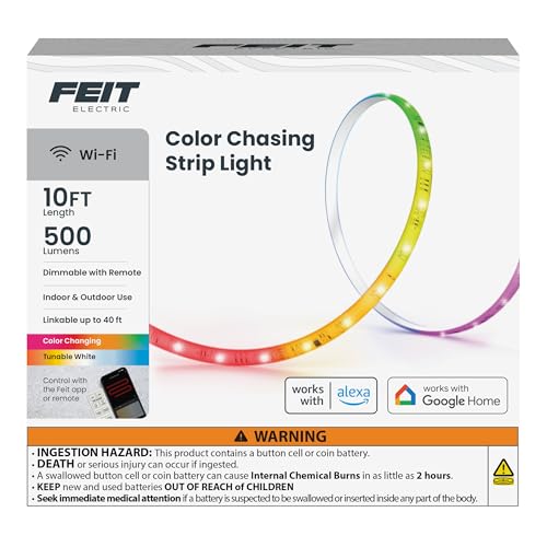 Image of Feit Electric 10FT Smart Chasing LED Strip Light, RGB Color-Changing + Tunable White, Wi-Fi App & Remote Control, Alexa & Google Home, Linkable, Cuttable, Indoor /Outdoor, TAPE10 /CHASE /AG