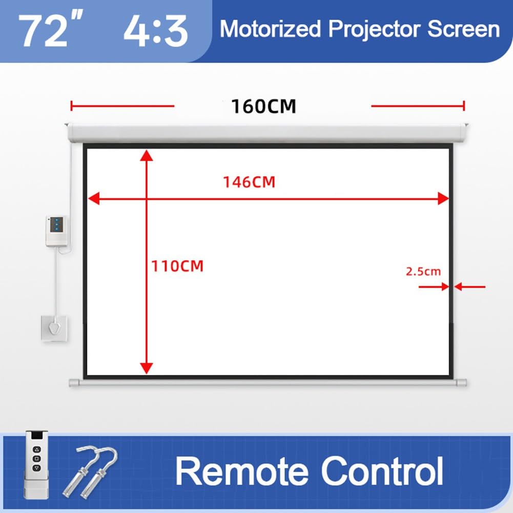 Schermo per Proiettore Motorizzato,Schermo di Proiezione Elettrico da 60/72 pollici 8K HD per Film per Home Theater,Cinema,Ufficio, Interni, con Telecomando(72 inch(4:3))