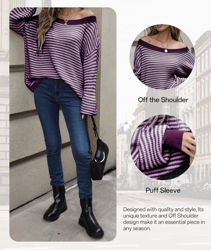 Image of MARZXIN Women's 2026 Fall Long Sleeve Sweaters Casual Loose Striped Off Shoulder Casual Oversized Knitted Sweater Pullovers
