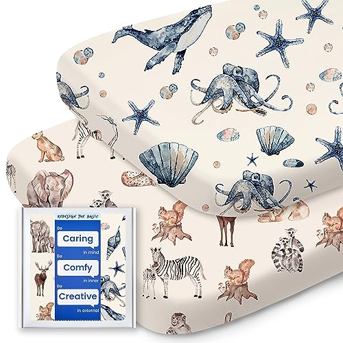 Image of Bassinet Sheets for Baby Boy Girl, TotBasic Buttery Soft Universal Bassinet Fitted Sheet, Compatible with Halo, Mika Micky, Baby Delight, Dream On Me, Maxi COSI and More Bassinet Mattress(Ocean&Zoo)