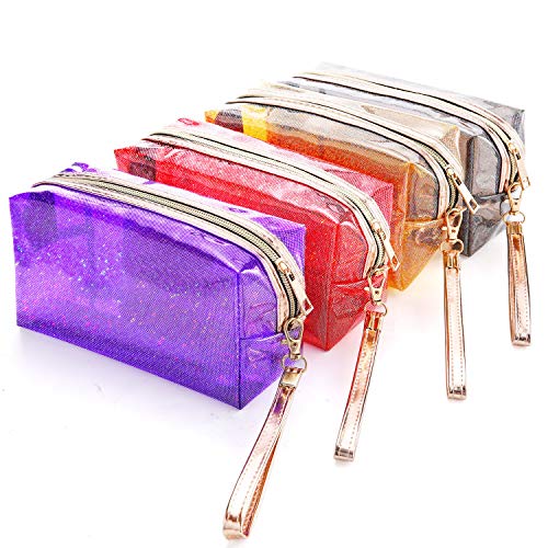 4Pcs Waterproof Cosmetic Bags PVC Transparent Zippered Toiletry Bag with Handle Strap Portable Clear Makeup Bag Pouch for Bathroom, Vacation and Organizing (Purple)