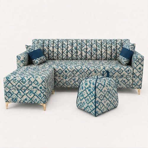 Image of FURNY Signature Regalia 4-Seater L-Shape Sofa Set with Movable Ottoman & Suri Pouf | Flexible LHS /RHS Layout | Tapestry Fabric | 40D Foam + Zigzag Spring | 3-Yr Warranty (Lagoon Mosaic Blue)