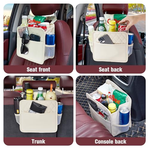Image of LXUNYI Back Seat Car Organizer, Large Car Seat Organizer with Cup Holders Multifunctional Over the Car Seat Organizer Backseat Hanging Leather Car Seat Organizers and Storage Bags(Beige 1Pack)